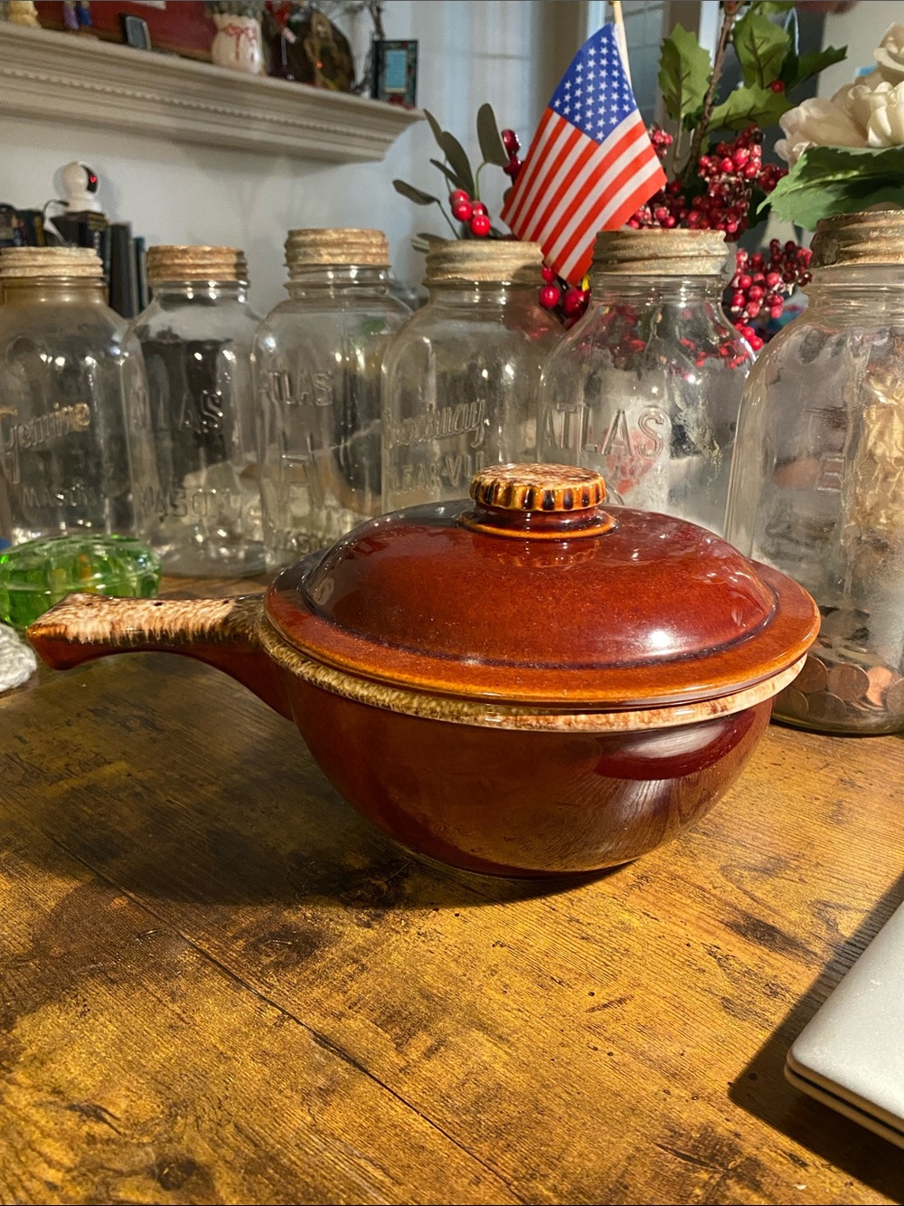 Glazed Rust-Brown Ceramic Covered Pan with Handle - Home Dining Dinnerware Hull